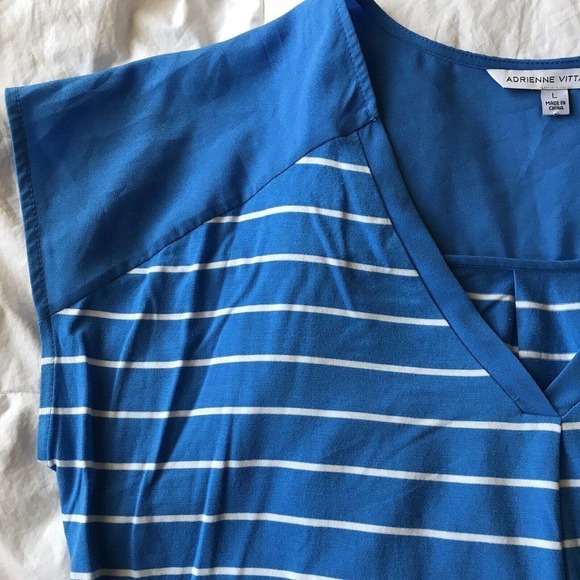 Adrienne Vittadini Blouse SzL Blue Stripe Contrast Yoke Cap Sleeves Pleat Back - Picture 7 of 8